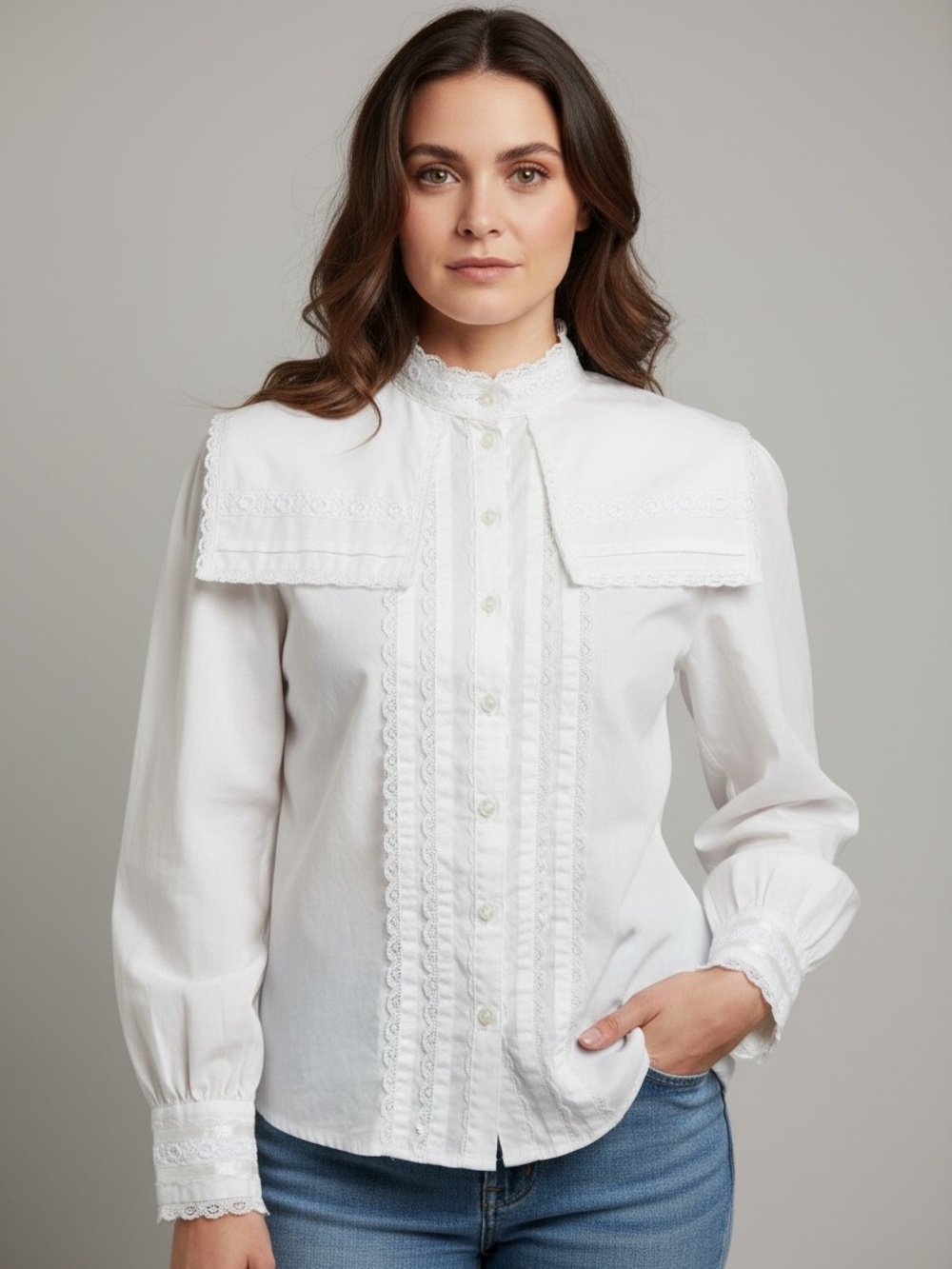 Jessica’s Gunne Sax White Lace-Trim Button Front Blouse with Statement Collar